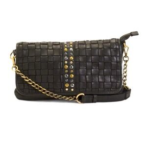 MARTA PONTI Portugal Black Woven Leather Studded Crossbody Shoulder Bag NWT